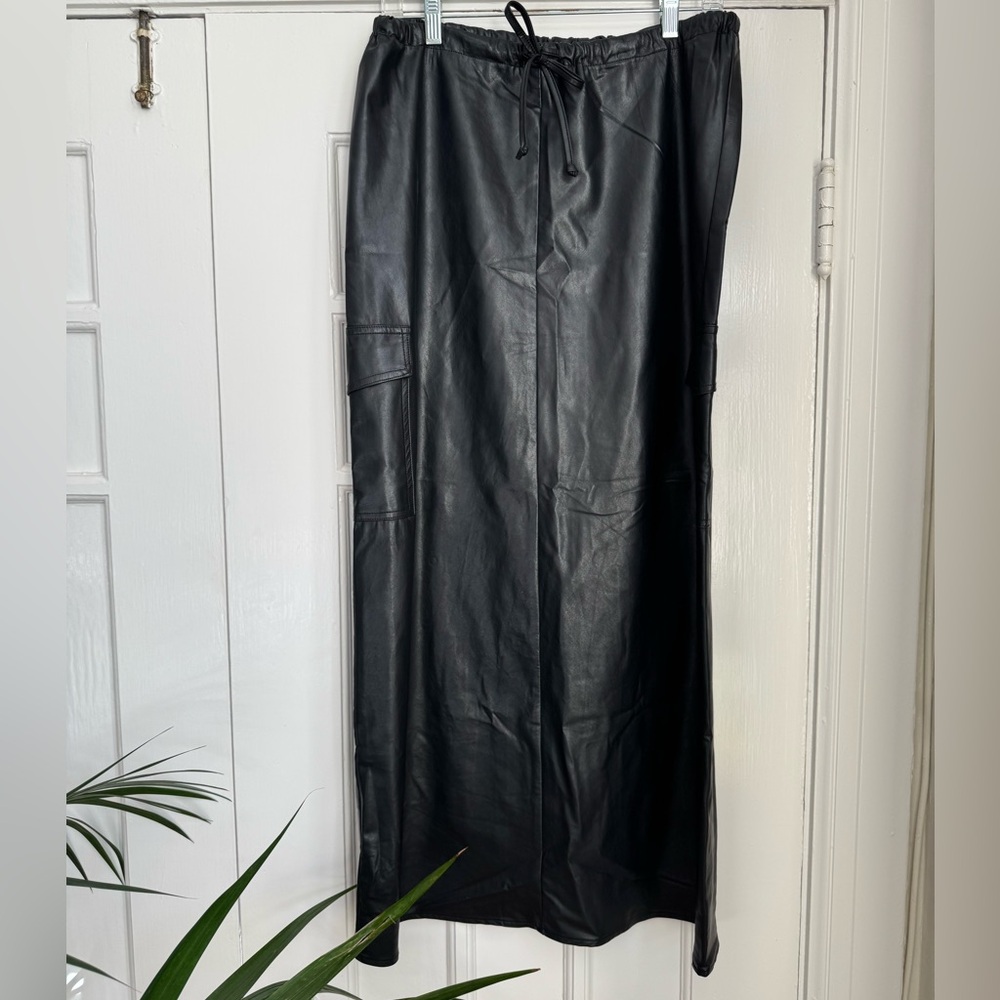 Black faux leather maxi skirt with cargo style pockets